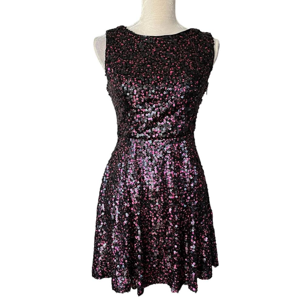 Hailey Logan Adrianna Papell Skater Party Dress 9/10 Pink Sequin Sleeveless New